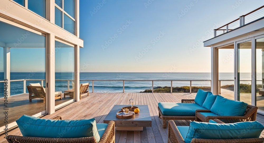 Fototapeta premium Stunning beach house with ocean view background luxurious beach house with large windows and a private deck