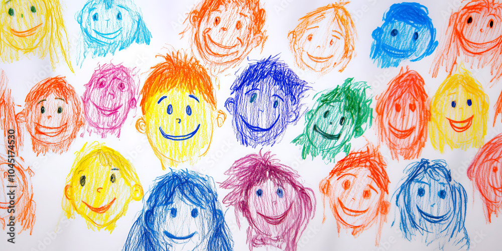 Set of cute naive childish drawings of human faces made with colored pencils, bright original banner background Set of cute naive childish drawings of human faces made with colored pencils, bright original banner background