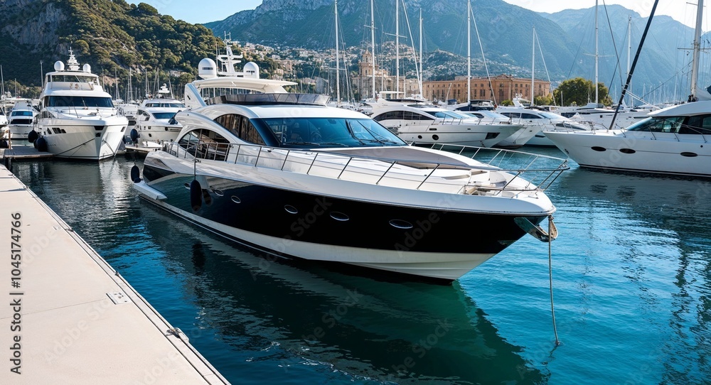 Stylish yacht docked at marina background elegant yacht moored at a beautiful marina with sparkling water Stylish yacht docked at marina background elegant yacht moored at a beautiful marina with sparkling water