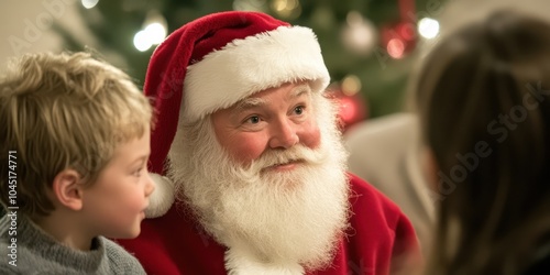 Santa Claus interacts with a child during a festive celebration, Christmas spirit.