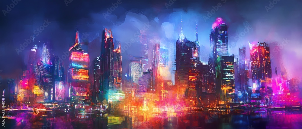 Frontal view of a fantastical cityscape, merging whimsical architecture with illuminated laboratory equipment, showcasing vibrant colors, oil painting style, surreal atmosphere