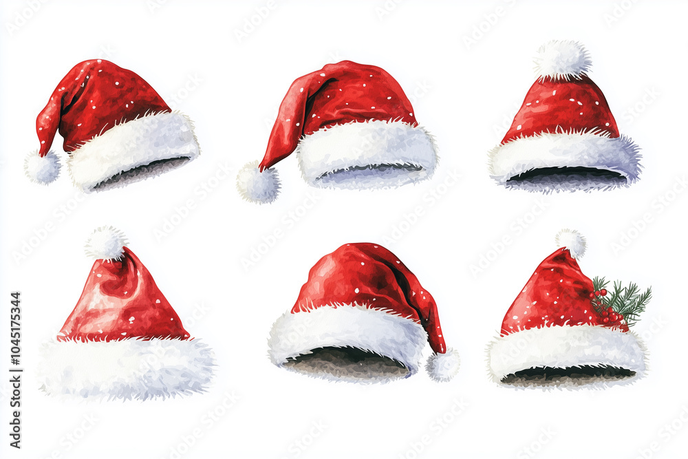 A set of six christmas hats with different designs, isolated on a plain white background . Different Santa hats on a clean white background A set of six christmas hats with different designs, isolated on a plain white background . Different Santa hats on a clean white background