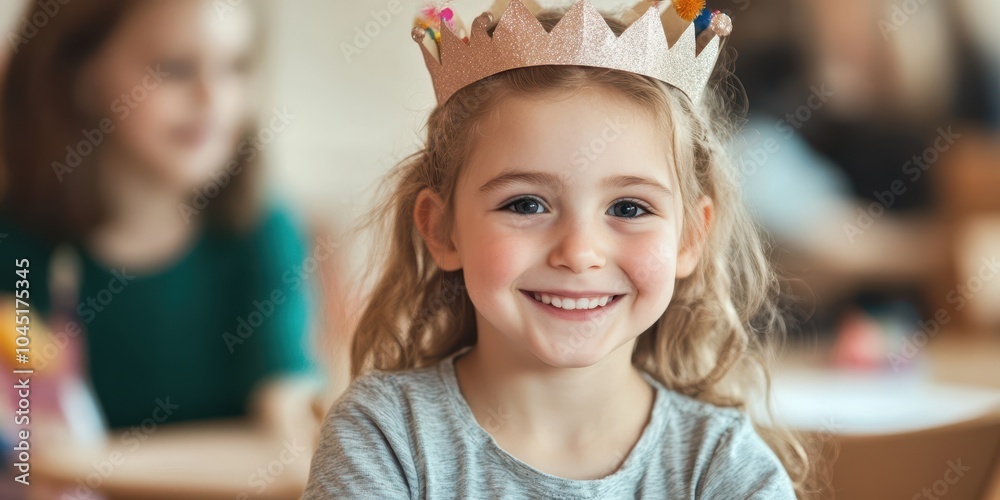 Smiling girl wearing a paper crown, happy expression in a classroom setting.