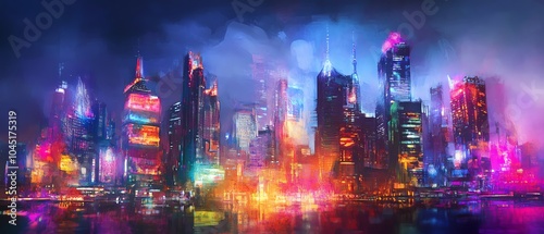 Frontal view of a fantastical cityscape, merging whimsical architecture with illuminated laboratory equipment, showcasing vibrant colors, oil painting style, surreal atmosphere