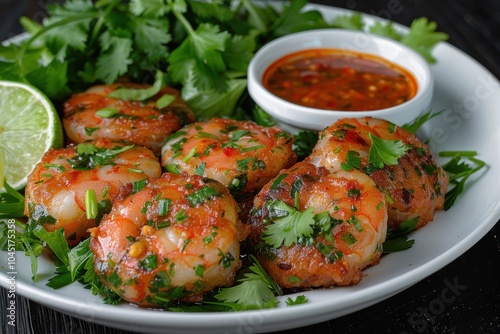 A plate of acaraj, black-eyed pea fritters stuffed with shrimp and vatape, served with a side of hot pepper sauce and fresh lime wedges.