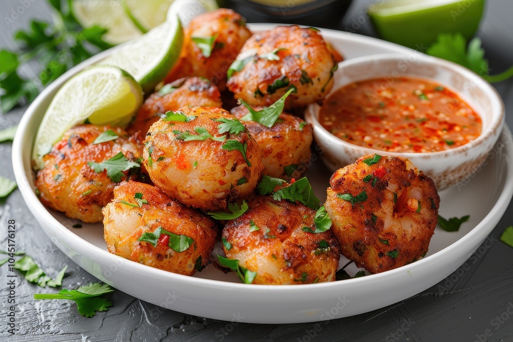A plate of acaraj, black-eyed pea fritters stuffed with shrimp and vatape, served with a side of hot pepper sauce and fresh lime wedges.