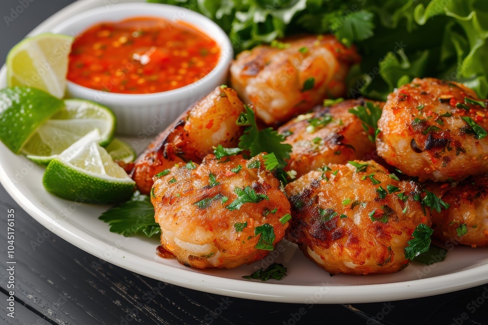 A plate of acaraj, black-eyed pea fritters stuffed with shrimp and vatape, served with a side of hot pepper sauce and fresh lime wedges. A plate of acaraj, black-eyed pea fritters stuffed with shrimp and vatape, served with a side of hot pepper sauce and fresh lime wedges.