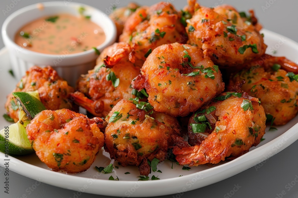 A plate of acaraj, black-eyed pea fritters stuffed with shrimp and vatape, served with a side of hot pepper sauce and fresh lime wedges. A plate of acaraj, black-eyed pea fritters stuffed with shrimp and vatape, served with a side of hot pepper sauce and fresh lime wedges.