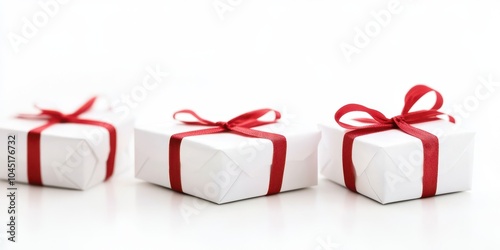 Three white gift boxes with red ribbons on a white background.
