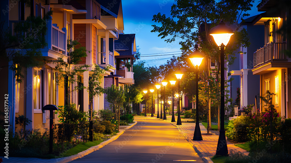 Fototapeta premium A tranquil street lined with illuminated lamp posts and houses, creating a serene atmosphere at dusk.