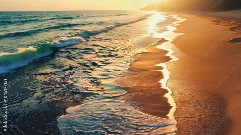 The ocean waves are crashing onto the shore, and the sun is setting in the background. The water is a deep blue color, and the sand is a warm brown color. The scene is peaceful and calming