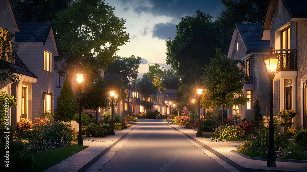 A serene, tree-lined street with cozy houses lit by streetlamps at dusk, surrounded by lush gardens, creating a peaceful neighborhood atmosphere. A serene, tree-lined street with cozy houses lit by streetlamps at dusk, surrounded by lush gardens, creating a peaceful neighborhood atmosphere.
