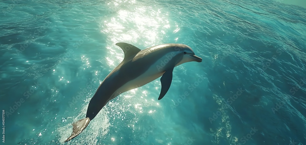 Naklejka premium High-angle view of a playful dolphin leaping through sparkling ocean waves