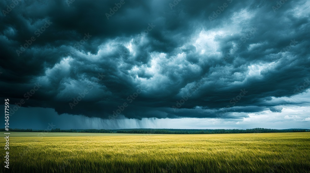 A dramatic sky filled with dark clouds looms over a golden field, hinting at an impending storm. A dramatic sky filled with dark clouds looms over a golden field, hinting at an impending storm.