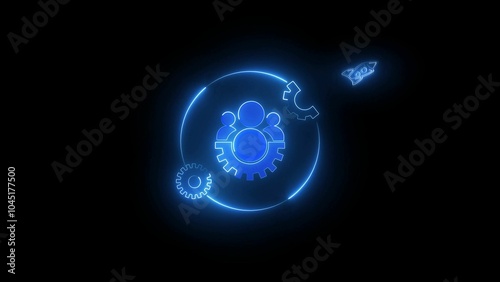 Abstract glowing neon icon with man on black background.