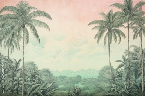 Palm tree jungle in morning land backgrounds landscape.