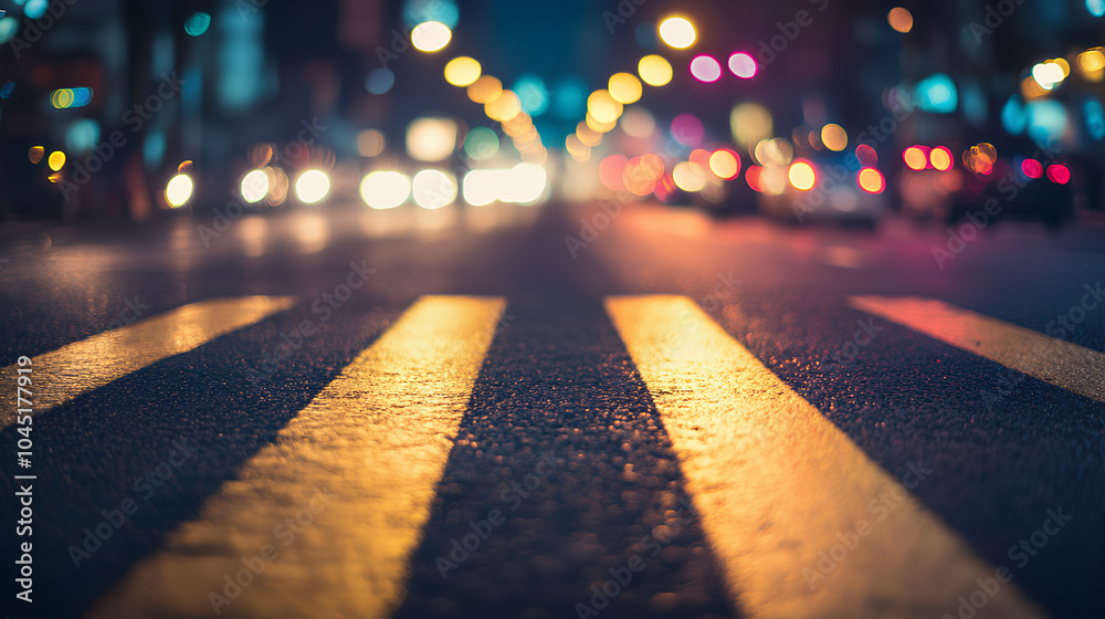 A close-up view of a crosswalk at night, with bright streetlights and blurred car headlights creating a vibrant urban atmosphere. A close-up view of a crosswalk at night, with bright streetlights and blurred car headlights creating a vibrant urban atmosphere.