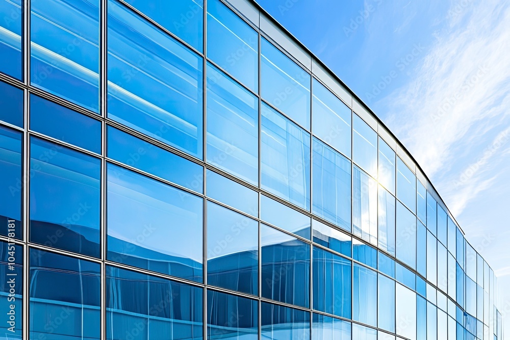Fototapeta premium Modern building with curved glass facade reflecting sky. Contemporary architectural design against a clear blue backdrop with generative ai