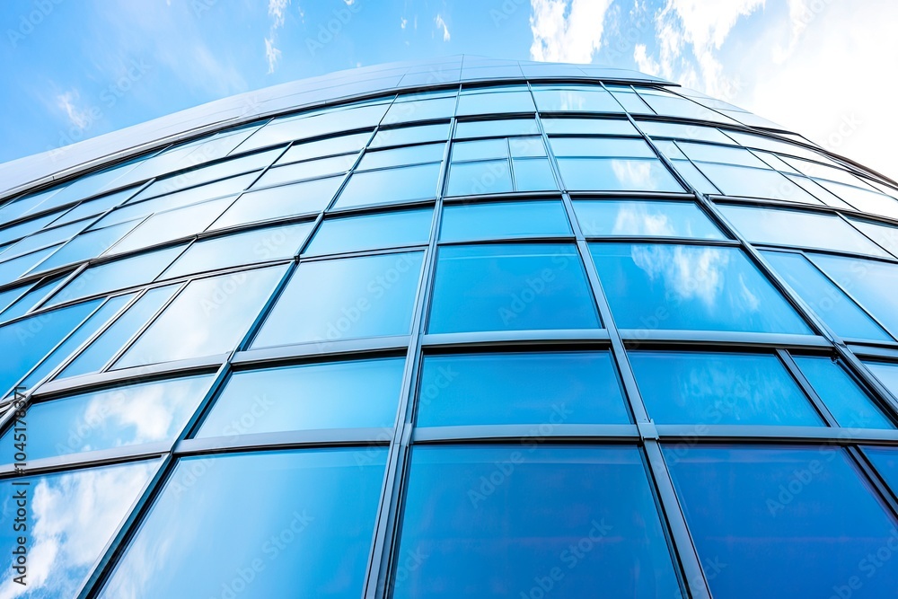 Modern building with curved glass facade reflecting sky. Contemporary architectural design against a clear blue backdrop with generative ai Modern building with curved glass facade reflecting sky. Contemporary architectural design against a clear blue backdrop with generative ai