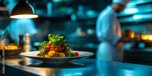 beautifully plated dish garnished with fresh herbs and vegetables, set in professional kitchen environment. warm lighting highlights vibrant colors of food, creating inviting atmosphere