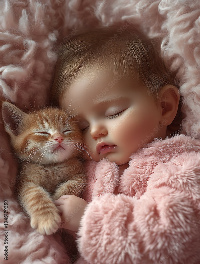 A serene scene of baby girl peacefully sleeping with fluffy kitten, wrapped in soft pink blanket. tender moment captures warmth and innocence, evoking feelings of love and comfort A serene scene of baby girl peacefully sleeping with fluffy kitten, wrapped in soft pink blanket. tender moment captures warmth and innocence, evoking feelings of love and comfort