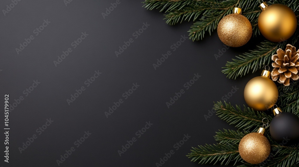 Festive Christmas tree adorned with golden baubles and cones against a black backdrop
