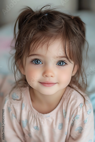 Charming little girl with beautiful blue eyes and playful hairstyle, wearing soft pink outfit. Her innocent smile radiates joy and warmth, capturing delightful moment