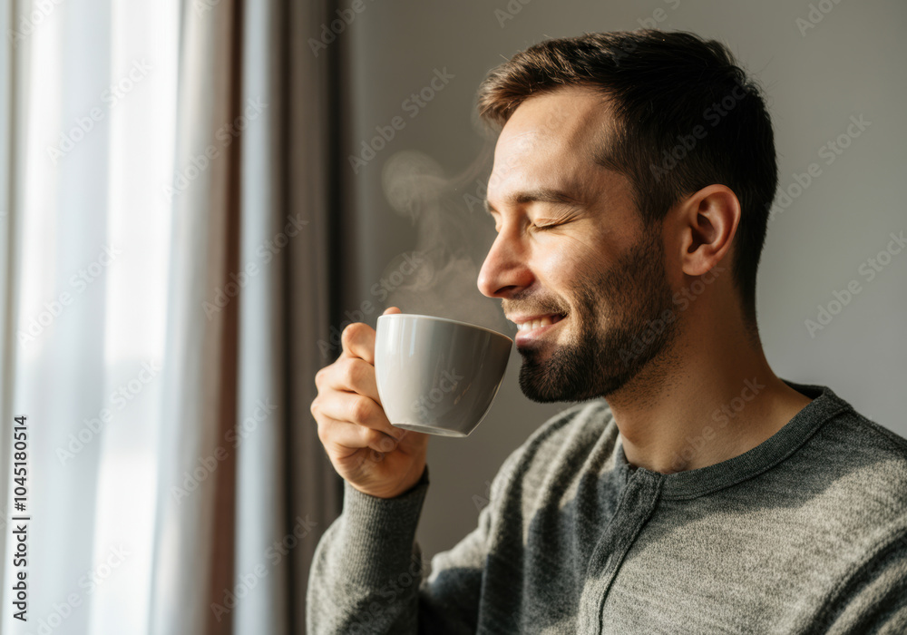 A man enjoying a steaming cup of coffee while relaxing indoors in a cozy setting during the morning hours