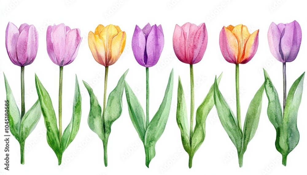 Bright spring flowers painted in watercolor, showcasing a variety of tulips Bright spring flowers painted in watercolor, showcasing a variety of tulips