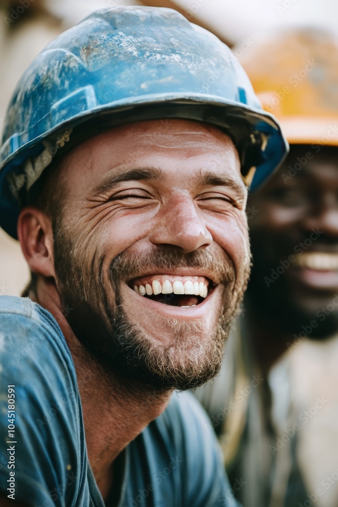 A construction worker smiles broadly while wearing a hard hat. A construction worker smiles broadly while wearing a hard hat.