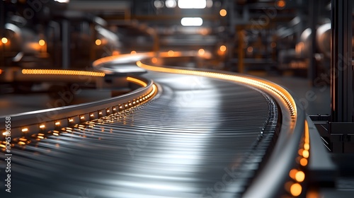 Curved silver conveyor belt in warehouse, shiny metallic rollers, warm ambient lighting, factory interior background, industrial style, dynamic perspective