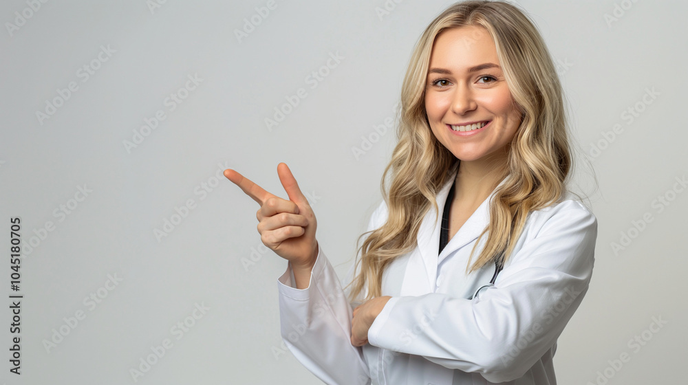 Young Caucasian woman in lab coat pointing and smiling. Young Caucasian woman in lab coat pointing and smiling.