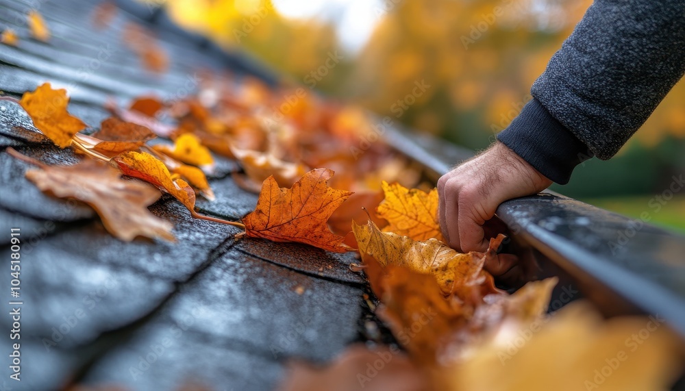 Man's hand clearing autumn leaves from a rain gutter on a sloped roof ...