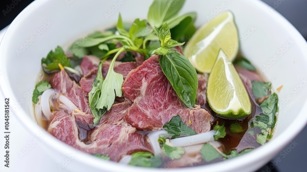 Fragrant Pho with Fresh Herbs and Lime in a Bowl Fragrant Pho with Fresh Herbs and Lime in a Bowl