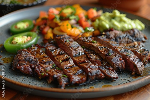 A plate of arrachera, grilled skirt steak served with roasted onions, jalapenos, and a side of guacamole