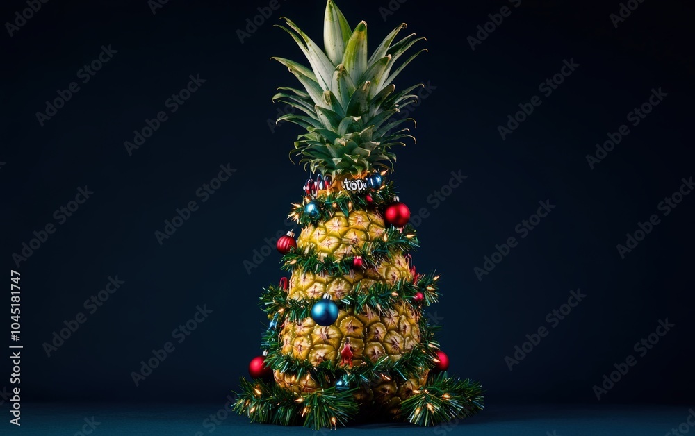 Obraz premium Pineapple Christmas Tree: A pineapple standing upright and decorated with ornaments, tiny lights, and garlands, with its spiky leaves forming the tree's 