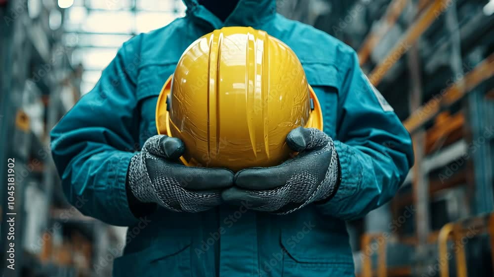 An individual clad in safety wear holds securely a yellow construction helmet at an active work site, representing vigilance and commitment to safety protocols in industrial environments Video An individual clad in safety wear holds securely a yellow construction helmet at an active work site, representing vigilance and commitment to safety protocols in industrial environments Video
