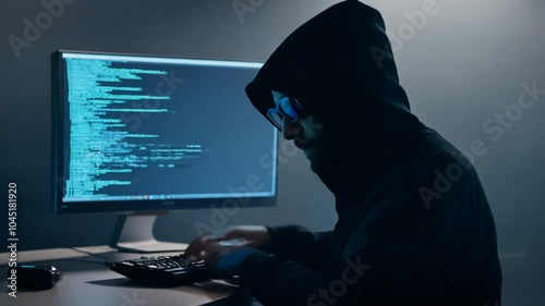 scammer Hacker night classified hooded materials access steals hacks computers Unrecognizable data office computer datum thieving security breach anonymous technology cyberspace crime identity unauth