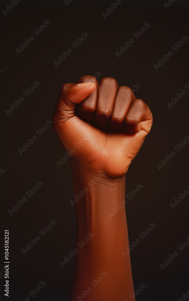 Fototapeta premium Close-Up of Raised Black Woman's Fist in Studio Shot. Woman hand. Black History. African American female