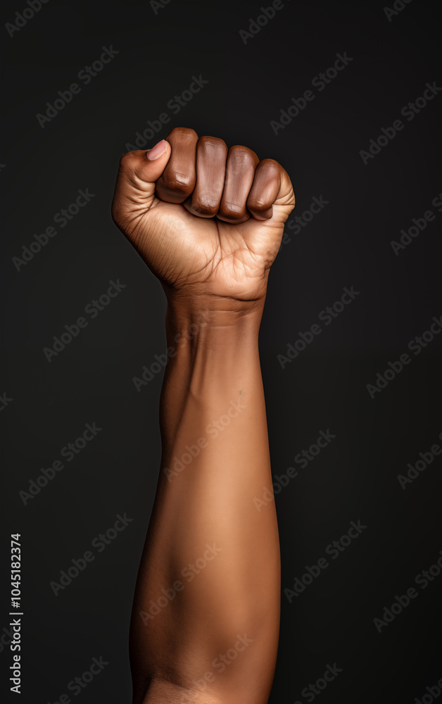 Close-Up of Raised Black Woman's Fist in Studio Shot. Woman hand. Black History. African American female Close-Up of Raised Black Woman's Fist in Studio Shot. Woman hand. Black History. African American female