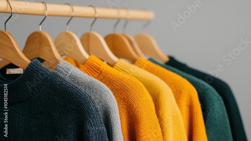 row of colorful sweaters on wooden hangers showcases variety of textures and hues, including green, yellow, and gray, highlighting sustainable fashion choices photo