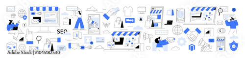 Online Shopping, E-commerce Platform, Digital Marketing. Ecommerce elements online stores, SEO, email marketing, platforms, payment methods. Marketing strategies, digital payments product advertising photo