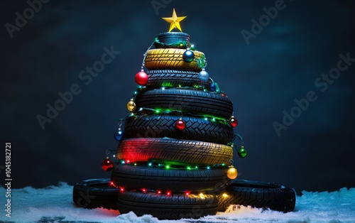 Tire Christmas Tree: A rugged Christmas tree made from stacked tires of various sizes, spray-painted in festive colors, with LED lights wrapped around and ornaments hanging from the treads.