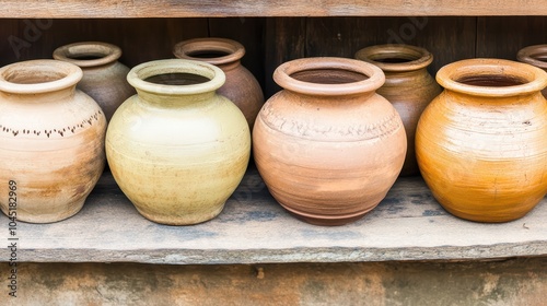 Varying Shades of Clay Pots on a Wooden Shelf photo