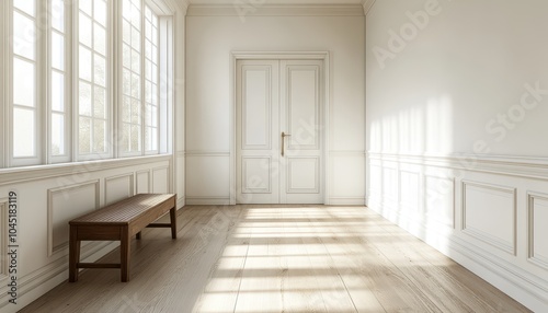 Bright white hallway with coat rack and light streaming through large windows