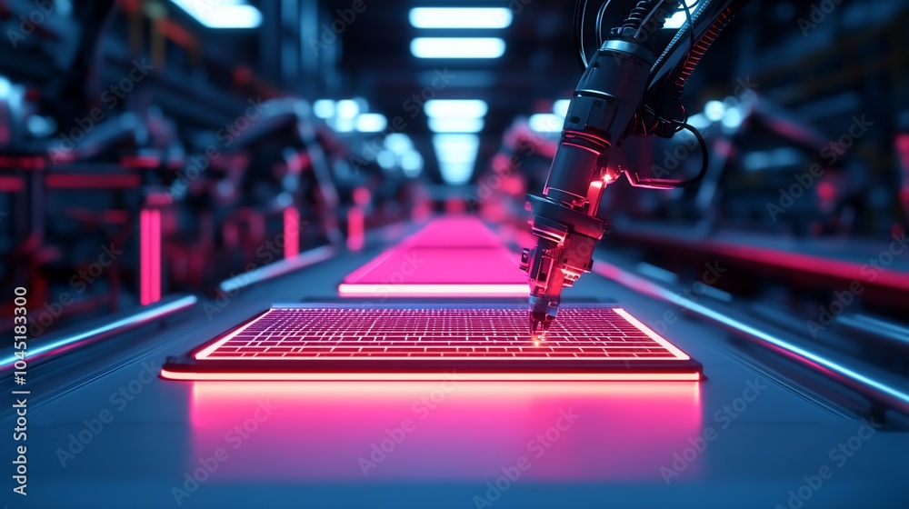 Fototapeta premium Robotic arm working on an assembly line in a futuristic factory setting, with neon lights and a red glowing surface.