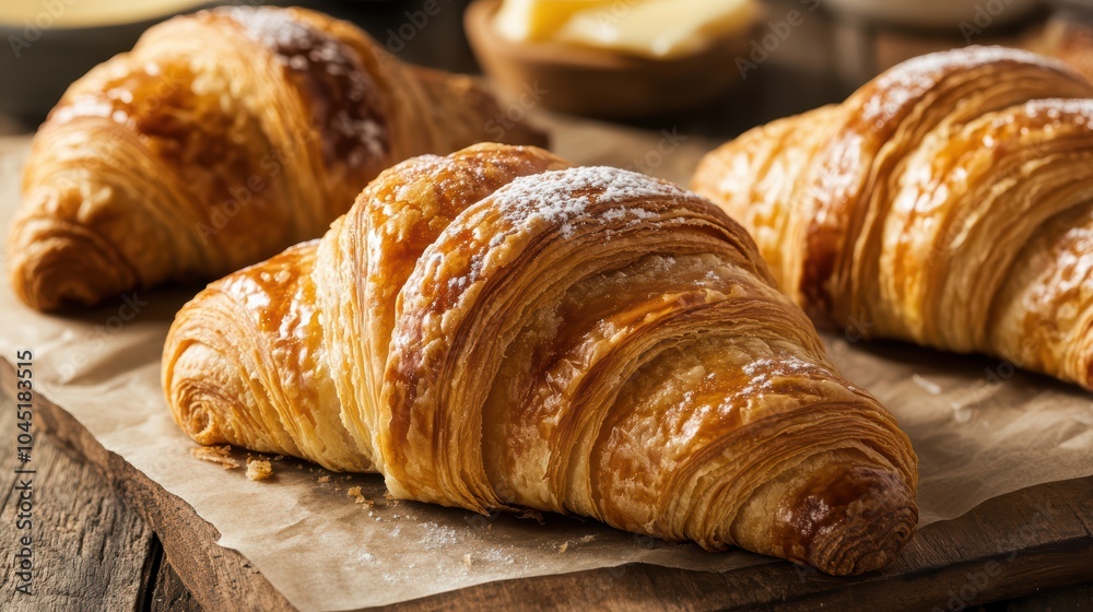 Flaky Golden Croissants Dusting with Powdered Sugar Flaky Golden Croissants Dusting with Powdered Sugar