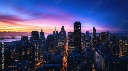 A bustling city skyline at twilight, with skyscrapers lit up against a deep blue sky, showcasing urban life.