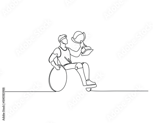 continuous line drawing of a disabled athlete on a wheelchair holding a cup.  winning in sport competition concept illustration