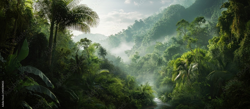 A lush tropical rainforest with a misty river winding through the dense vegetation. A lush tropical rainforest with a misty river winding through the dense vegetation.
